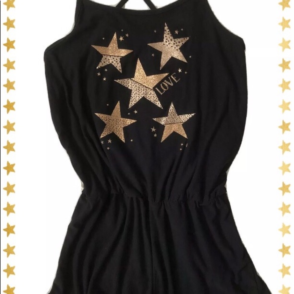 Black Strapped Girls Romper Gold Stars ✨Cross back